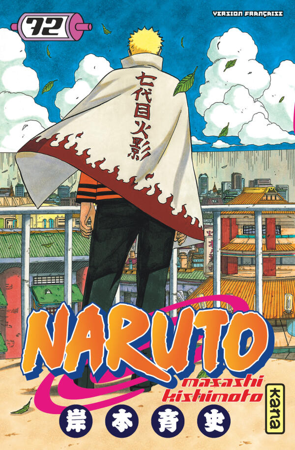 La couverture du dernier tome où l’on voit Naruto devenu Hokage contemplant son village de Konoha.