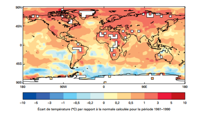 Anomalies de la température moyenne entre 2011 et 2015 pour l'ensemble du globe, par rapport à la période de référence 1961-1990.