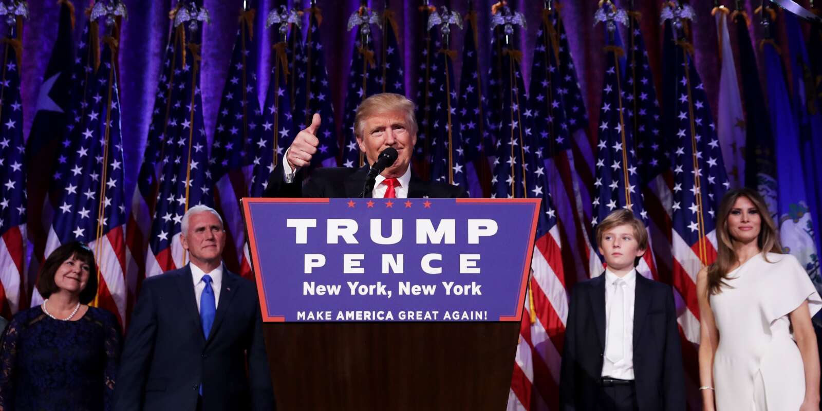 NEW YORK, NY - NOVEMBER 09: Republican president-elect Donald Trump delivers his acceptance speech during his election night event at the New York Hilton Midtown in the early morning hours of November 9, 2016 in New York City. Donald Trump defeated Democratic presidential nominee Hillary Clinton to become the 45th president of the United States. Chip Somodevilla/Getty Images/AFP == FOR NEWSPAPERS, INTERNET, TELCOS & TELEVISION USE ONLY ==