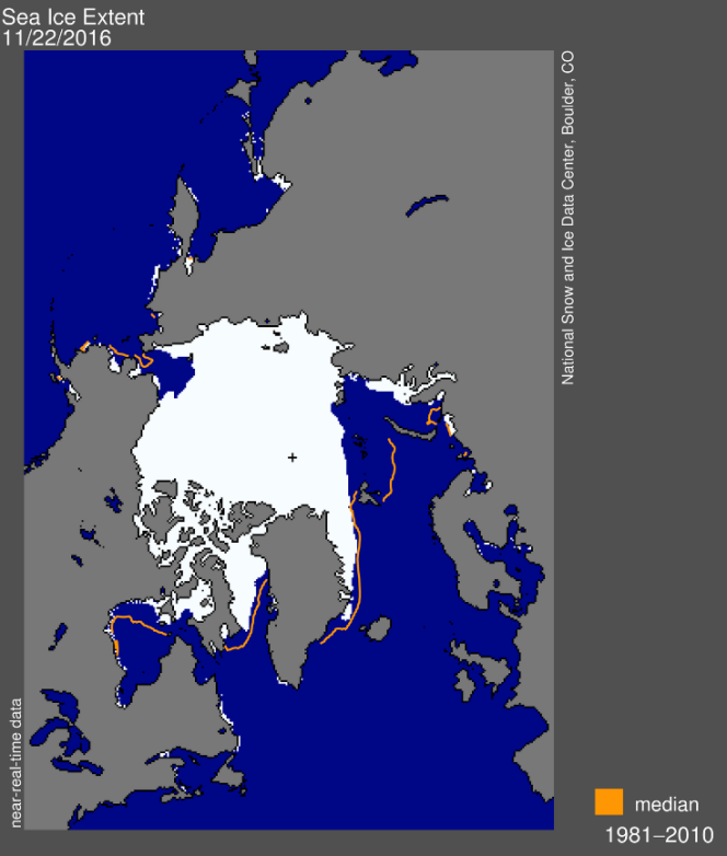 Etendue de la banquise arctique le 22 novembre, comparée à la moyenne de la période 1981-2010 (en orange).