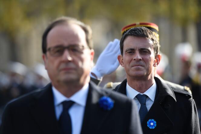 François Hollande et Manuel Valls, lors des cérémonies commémorant l’Armistice, à Paris, le 11 novembre.