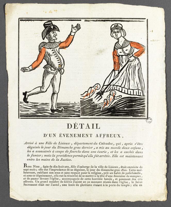 Représentation (détail) d’un double infanticide commis en 1820 en Normandie par une fille d’auberge.