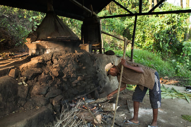 Des distillateurs artisanaux d'huile essentielle de girofle et leur alambic artisanal dans l'est de Madagascar, en novembre 2016.