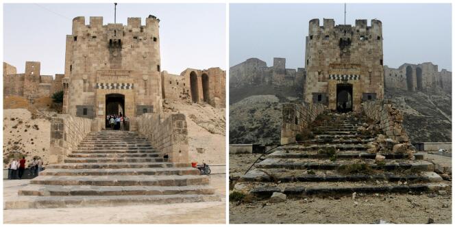 La citadelle d’Alep avant et après la guerre.
