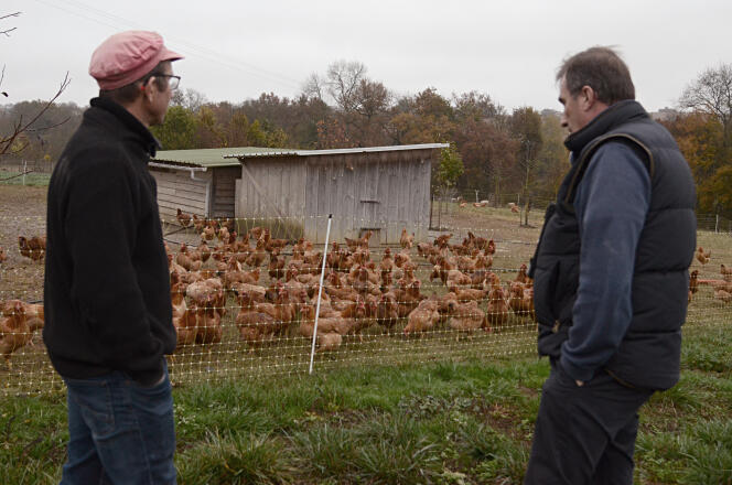 Nicolas Petit, agriculteur, et Eric Kauffer, contrôleur à Ecocert, sur La Ferme en coton, dans le Gers.
