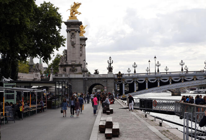 Les berges de la rive gauche de la Seine à Paris, près du pont Alexandre III, le 29 juillet 2015.