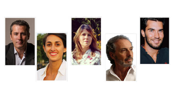 Les cinq finalistes de LaPrimaire.org, de gauche à droite : Michael Pettini, Roxane Revon, Charlotte Marchandise, Michel Bourgeois et Nicolas Bernabeu.