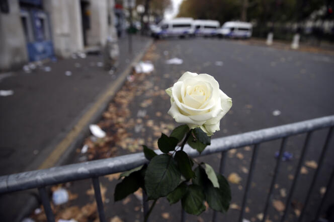 Une rose blanche près du Bataclan à Paris, le 14 novembre 2015.