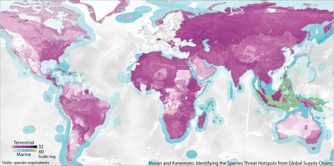 Les pressions exercées sur la biodiversité mondiale par l’Union européenne. Le violet foncé montre les espèces terrestres les plus affectées et le vert celles maritimes.