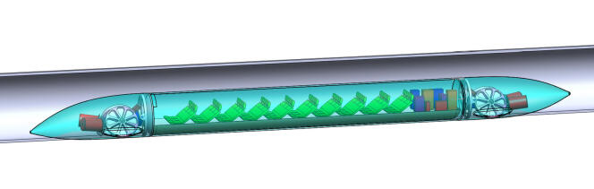 L'Hyperloop est un train à très grande vitesse qui se déplace dans un tube sous vide. Cette image représente le prototype Cheetah qui utilise des roues pour la suspension et la traction. Image Wikimedia Commons