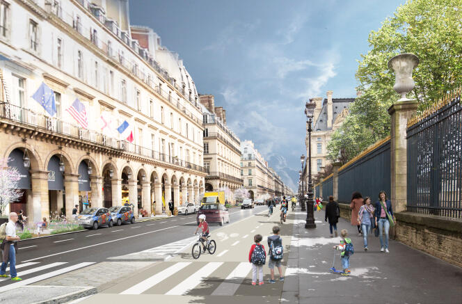 Vue d’artiste du projet pour la rue de Rivoli à Paris : circulation à double sens avec une piste cyclable bidirectionnelle.