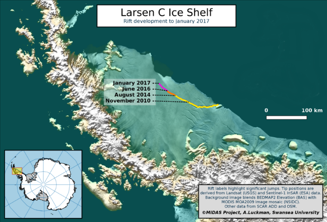 La progression de la faille dans la barrière de glace Larsen C (péninsule Antarctique) depuis novembre 2010.