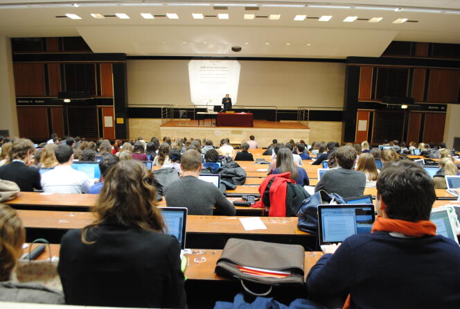 Des étudiants de licence en amphi à l’université Paris-II-Panthéon-Assas.