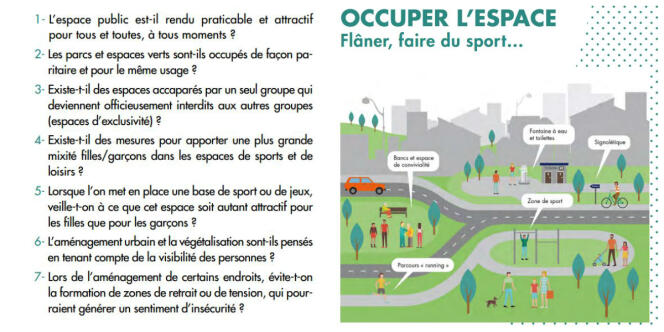 Extrait du guide « genre et ville » édité par la mairie de Paris en octobre 2016. A gauche, les « sept questions à se poser », à droite un exemple d’aménagement urbain accueillant pour les hommes et les femmes.