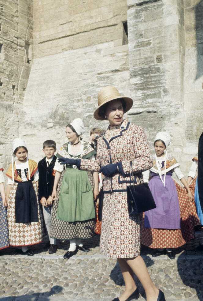 Queen Elizabeth II at the Palais des Papes in Avignon,  Southeastern France, in May 1972.