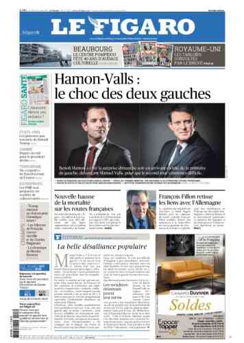 « Le Figaro », fait rare, titre comme « Libération ». « La victoire de Benoît Hamon ou de Manuel Valls (…) ne réglera évidemment rien pour le PS », assure l’éditorialiste Paul-Henri du Limbert.