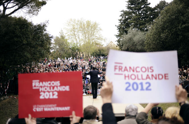 Le candidat François Hollande, lors d’un meeting à Narbonne (Aude), le 5 avril 2012.