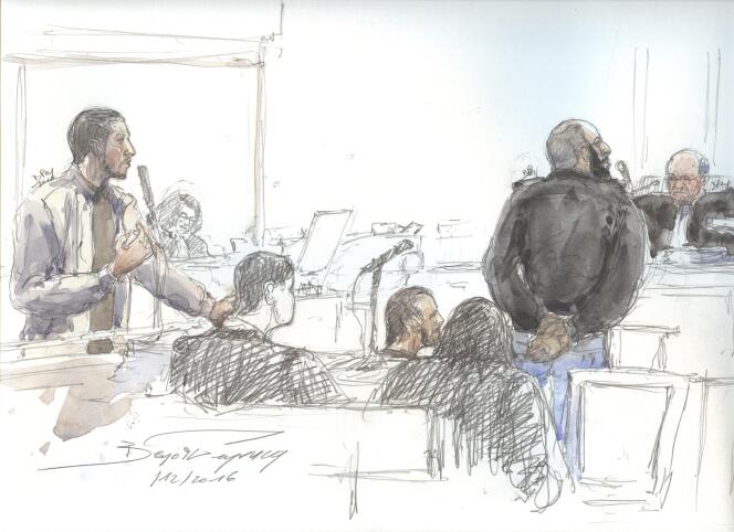 Croquis d’audience réalisé durant le procès de trois hommes suspectés d’être des djihadistes, en décembre 2016, à Paris.
