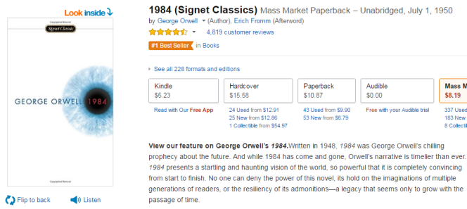 Capture d’écran du site de e-commerce Amazon.com. Le roman de George Orwell est n°1 des ventes sur le site depuis le 25 janvier.