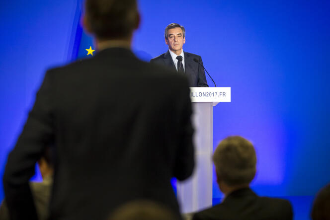 Conférence de presse de François Fillon à propos de l’affaire « Penelope Fillon » dans son QG de campagne à Paris, lundi 6 février.