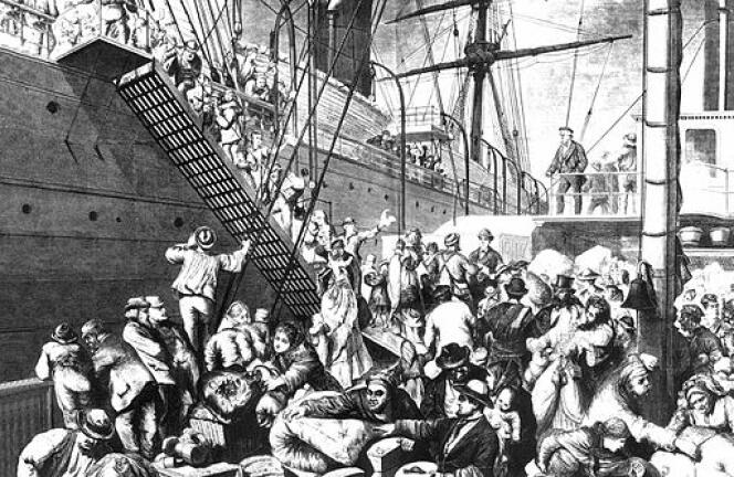 Émigrants allemands s'embarquant pour New York depuis le port de Hambourg. Image de Harper's Weekly du 7 novembre 1874