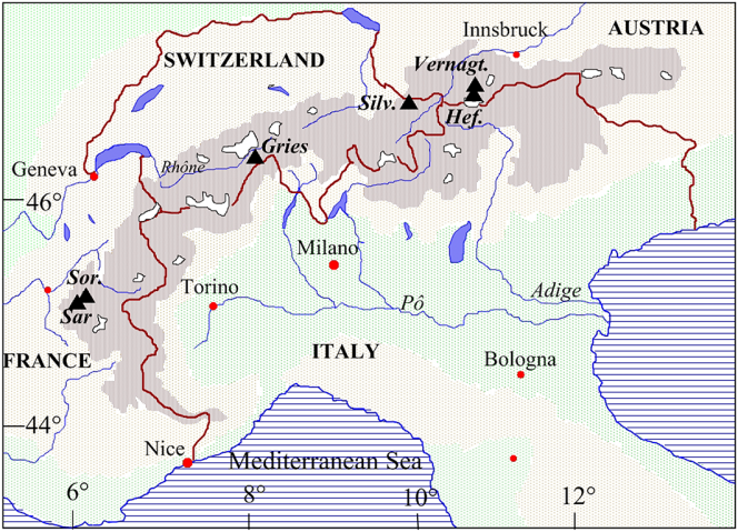 Les six glaciers étudiés : Sarennes (Sar), Saint-Sorlin (Sor), Gries, Silvretta (Silv), Hintereisferner (Hef) et Vernagtferner (Vernagt).