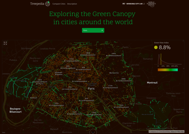 La perception de la canopée urbaine à Paris par les piétons, selon Treepedia, un projet du Senseable City Lab du MIT