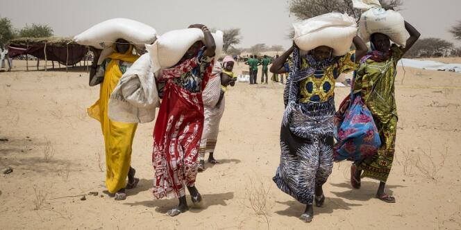 Des femmes transportent des sacs de céréales distribués par le programme alimentaire mondial (PAM) dans le camp de réfugiés de Melia au Tchad, en mars 2016.