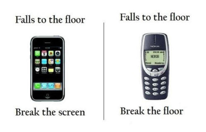 L’iPhone : « tombe sur le sol, écran cassé ». Le Nokia : « Tombe sur le sol, sol cassé ».