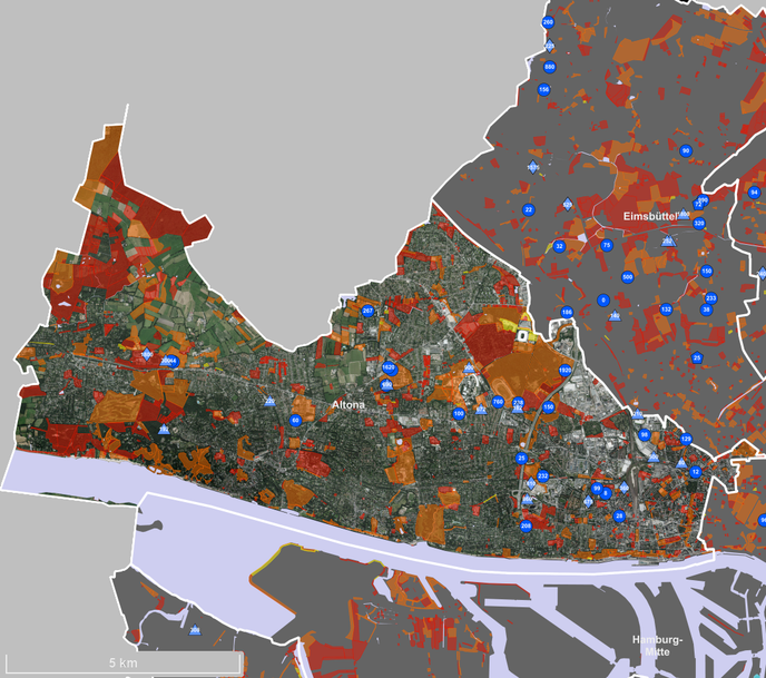 Carte numérique d’une partie de Hambourg mettant en évidence les centres d’accueil déjà existants, et les sites vacants les plus appropriés pour y construire de nouveaux hébergements pour les réfugiés.
