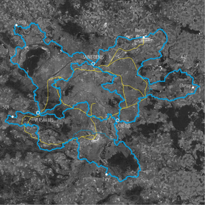 Carte du tracé provisoire (en bleu) du sentier métropolitain du Grand Paris. En jaune : les lignes du furtur Grand Paris Express.