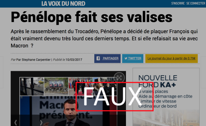 Capture écran d’un faux article en Une du site de « La Voix du Nord », vendredi 10 mars.
