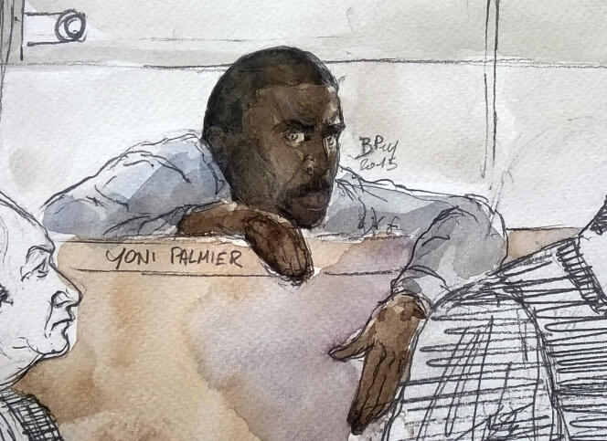 Yoni Palmier dessiné par Julien Fesnault lors de son procès en première instance, le 31 mars 2015, à Evry (Essonne).