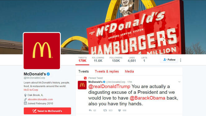 Capture d’écran du tweet posté sur le compte officiel de l’entreprise McDonald’s, le 16 mars, et effacé depuis.