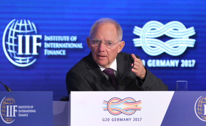 Wolfgang Schäuble, alors ministre fédéral allemand des Finances, lors d'une conférence du G20 à Francfort-sur-le-Main (Allemagne), le 16 mars 2017.
