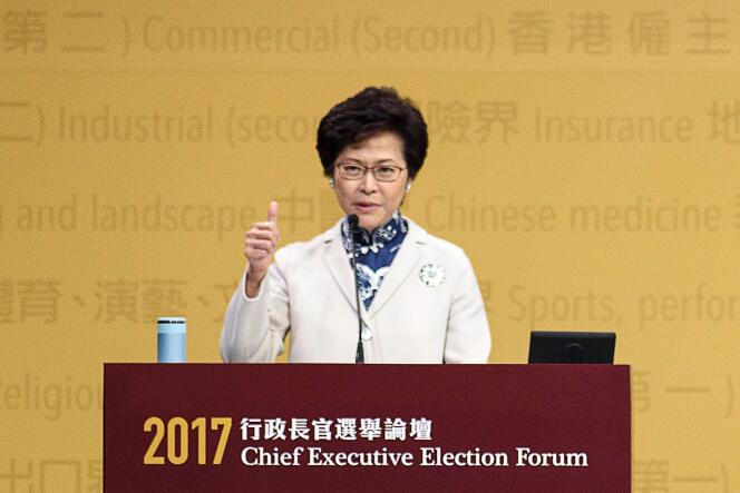 La candidate Carrie Lam lors d’un discours à Hongkong, le 19 mars, avant l’élection, le 26 mars, du chef de l’exécutif.