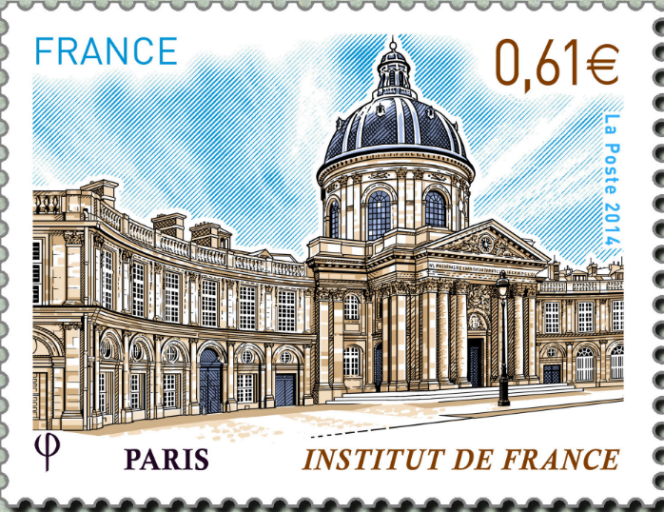 L’Institut de France, timbre dessiné et gravé par Claude Andréotto, paru en 2014.