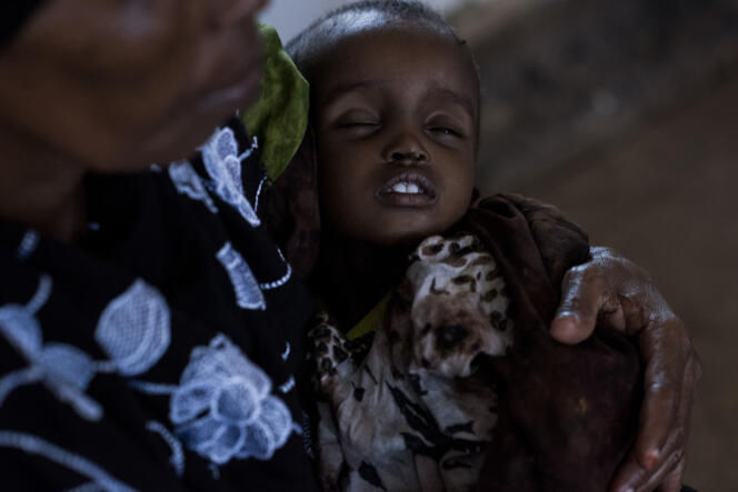 Venue d’Ethiopie, Basra Abdi Maaxh tient son petit-fils Marwo Farxan, un an, qui souffre de malnutrition sévère et de diarrhée, à Burao au Somaliland, le 23 mars.
