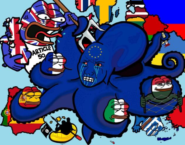 La « pieuvre » européenne face aux « grenouilles » patriotes. Ce visuel empruntant à la culture du Web a été partagé plus de 3 000 fois dans les sphères d’extrême droite.