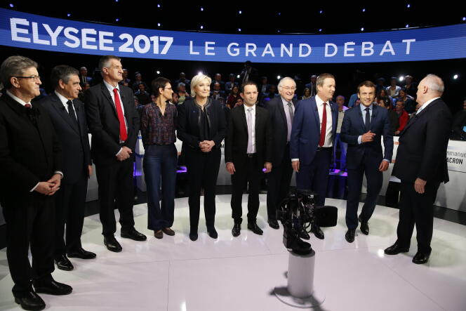 Sur le plateau du débat de BFM-TV et CNews, rassemblant les onze candidats à l’élection présidentielle à Aubervilliers, le 4 avril.