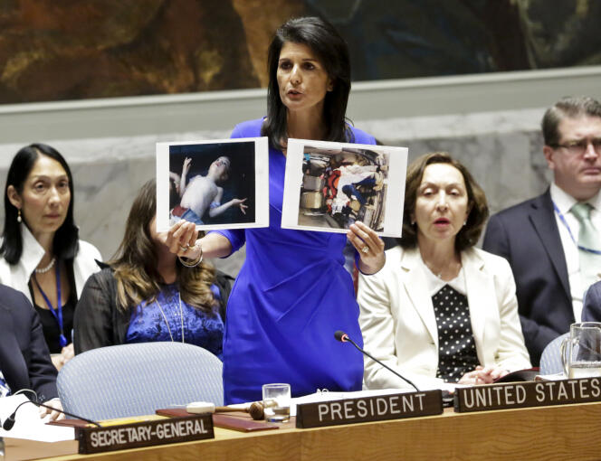 L’ambassadrice des Etats-Unis auprès des Nations unies, Nikki Haley, lors du Conseil de sécurité, mercredi 5 avril.