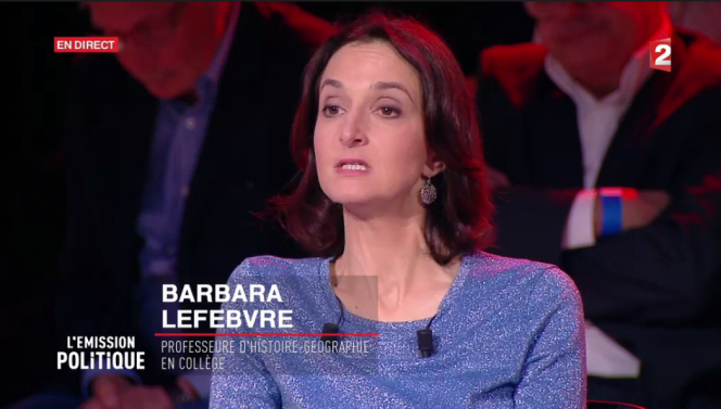 Barbara Lefebvre lors de l’émission politique de France 2 du 7 avril, face à Emmanuel Macron.