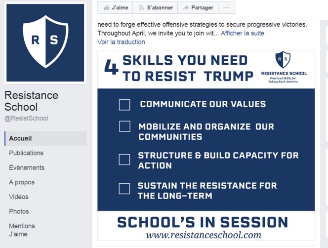 La page Facebook de la « Resistance School » : des cours en ligne organisés par des étudiants de la prestigieuse école d’affaires publiques « Kennedy School of Government », de l’université d’Harvard.