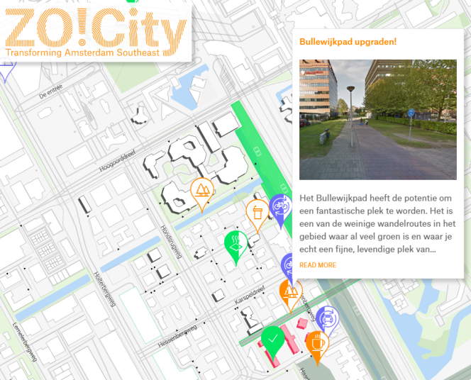 La plate-forme ZO!City recense les bureaux vacants, les idées pour les occuper ainsi que les aménagements proposés pour dynamiser le quartier d’Amstel3 d’Amsterdam.