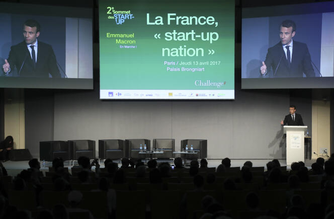 Emmanuel Macron lors du Sommet des start-up, le 13 avril au palais Brongniart.
