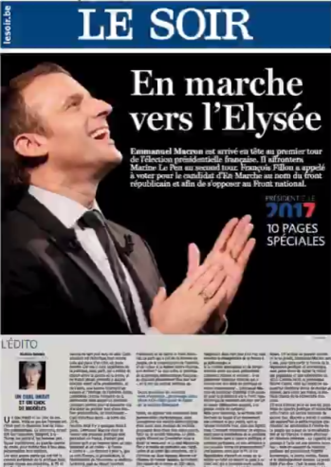 La une du quotidien belge Le Soir.