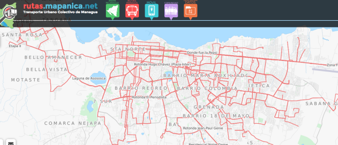 Carte des lignes de bus à Managua (Nicaragua) réalisée par des volontaires Openstreetmap.