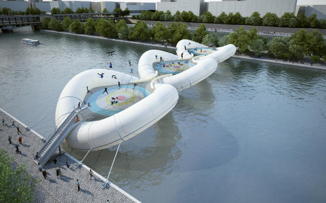 Conçu par Grégoire Zündel, un pont trampoline qui pourrait enjamber la Seine lors d’événements festifs et ludiques