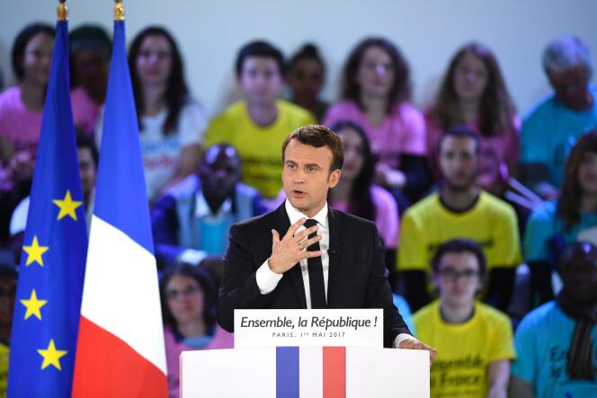 Emmanuel Macron, alors candidat d’En marche ! à la présidentielle, en meeting électoral à Paris, le 1er mai 2017.