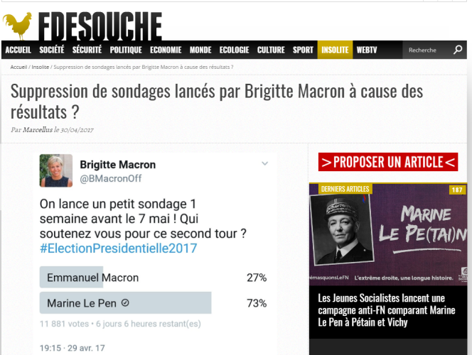 Capture d’écran du supposé tweet de Brigitte Macron, relayé par Fdesouche.
